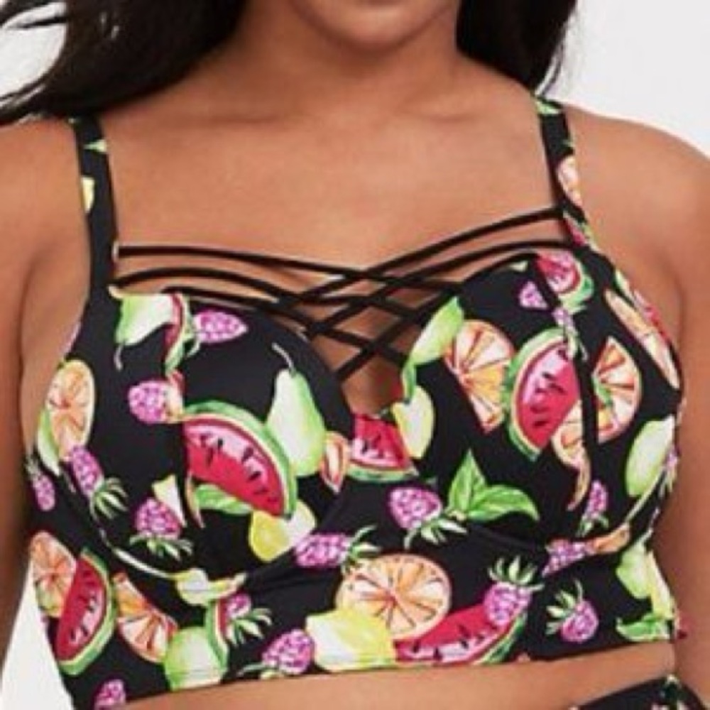 New! Torrid Black & Multi Fruit Lattice Push-Up Balconette Bikini Top 3X